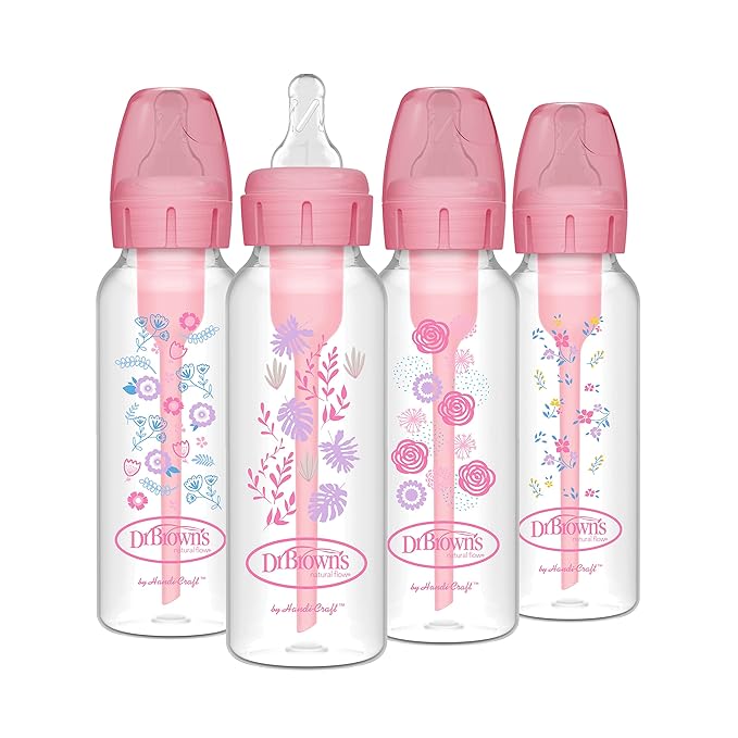 Dr. Brown's Natural Flow Anti-Colic Options+ Narrow Baby Bottles, Floral Designs, 8oz/250mL, Pink, 0m+ & Dr. Brown’s Natural Flow Preemie Flow Narrow Baby Bottle Silicone Nipple, 6 Count