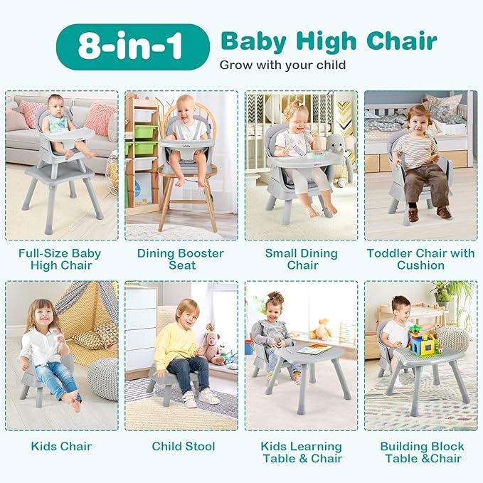 HOMGX Baby High Chair, 8-in-1 Convertible High Chair w/Removable Tray & Safety Harness, Infant Dining Booster Seat, Building Block Table & Chair Set, Highchair for Babies and Toddlers (Grey)