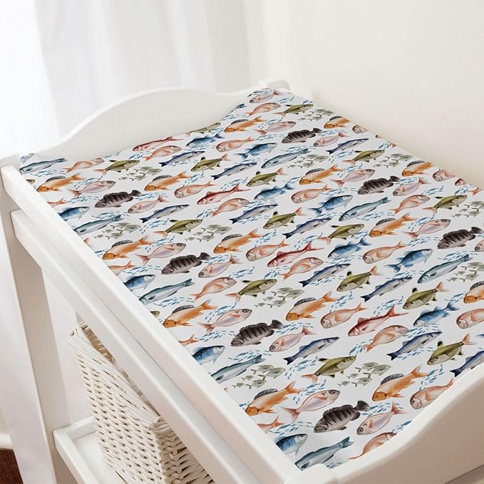Watercolor Fish Baby Changing Pad Covers for Boy Girl 32''x16'' Freshwater Fishes Fitted Diaper Changing Table Pad Sheets Fishing Lovers Gift Comfort Soft Breathable Nursery Baby Changing Table Mats