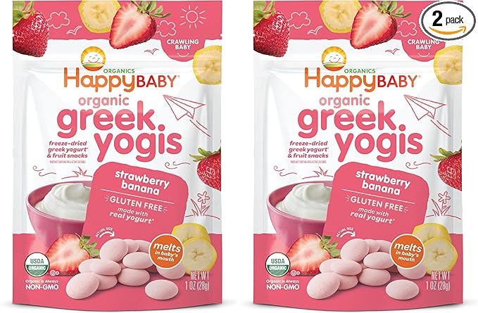 Happy Baby Organics Baby Snacks, Greek Yogis, Freeze Dried Yogurt & Fruit Snacks, Gluten Free Snack for Babies 9+ Months, Strawberry & Banana, 1 Ounce (Pack of 2)