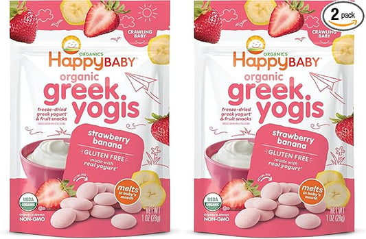 Happy Baby Organics Baby Snacks, Greek Yogis, Freeze Dried Yogurt & Fruit Snacks, Gluten Free Snack for Babies 9+ Months, Strawberry & Banana, 1 Ounce (Pack of 2)