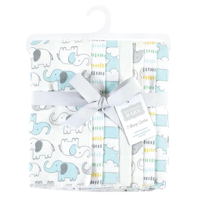 Hudson Baby Unisex Baby Cotton Flannel Burp Cloths, Neutral New Elephant 7-Pack, One Size
