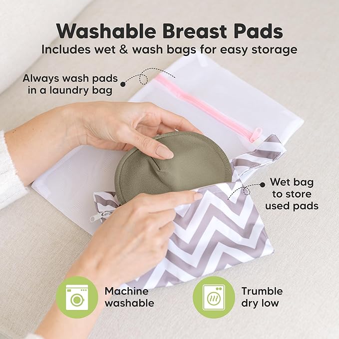 Organic Nursing Pads - 14 Washable Breast Pads for Breastfeeding, Wash Bag, Viscose Derived from Bamboo Reusable Nipple Covers for Breastfeeding Essentials, Soft & Absorbent (Sable, L 5")