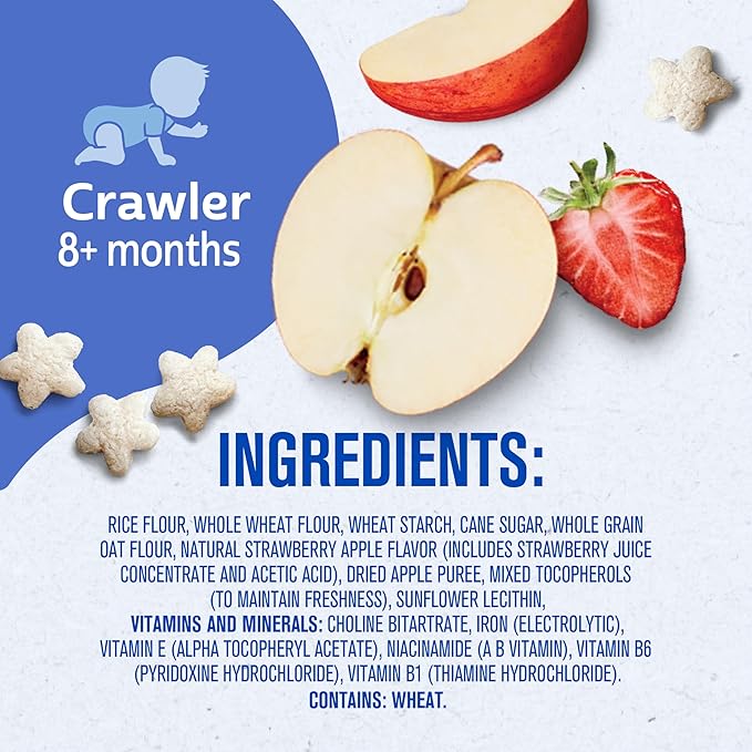 Gerber Stage 3 Baby Snacks, Strawberry Apple Puffs, Puffed Grain Snack, Baby Led Feeding, Iron & Choline, Strawberry Apple Puffs Snacks, 6-Pack