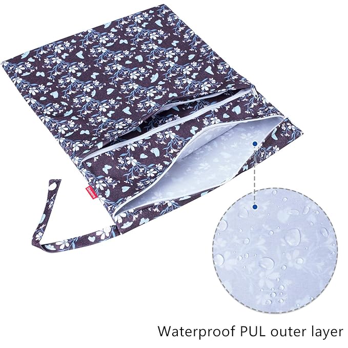 Damero 2Pcs Wet Dry Bag for Cloth Diaper, Swimsuit, Clothes, Ideal for Travel, Exercise, Daycare, Roomy and Water-Resistant(Butterflies and Flowers)