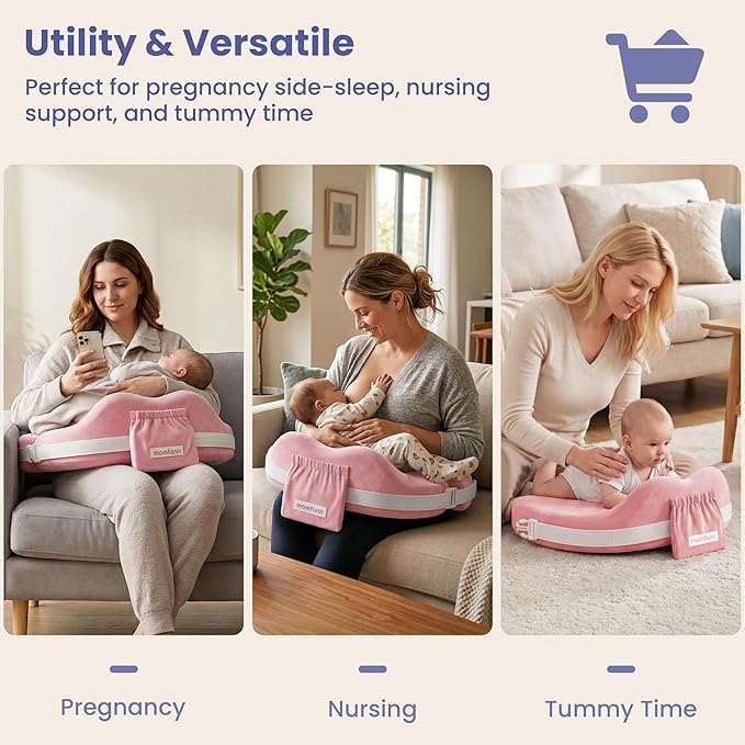 MOMFANN Nursing Pillow for Breastfeeding, 60D Firm Memory Foam, Ergonomic Lumbar Support & Safety Fence, Wider Cushion for Back Pain Relief, Adjustable Strap, Removable Machine Washable Cover - Pink