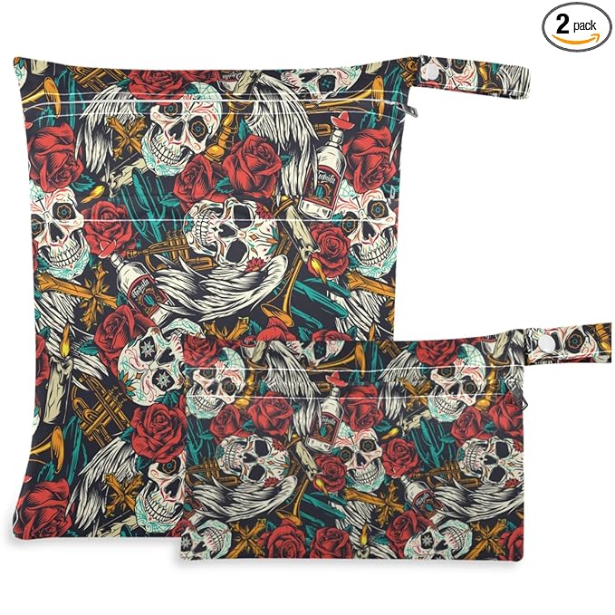 visesunny Sugar Skull Red Rose Day of Dead 2Pcs Wet Bag with Zippered Pockets Washable Reusable Roomy for Travel,Beach,Pool,Daycare,Stroller,Diapers,Dirty Gym Clothes, Wet Swimsuits, Toiletries