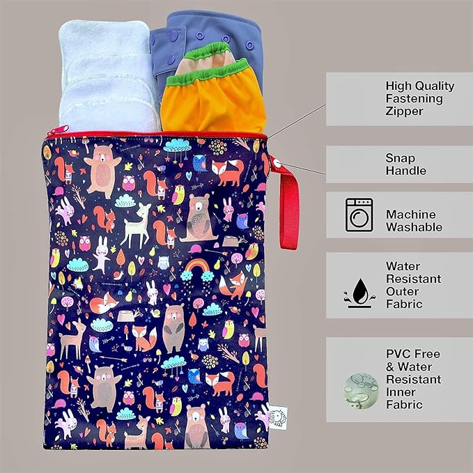 FLOCK THREE Washable and Reusable Wet Bag Diaper Bag Water Resistant Swimming Bag Travel Toiletries Pouch Cute Animals Zippered 12.6'' x 16.5''