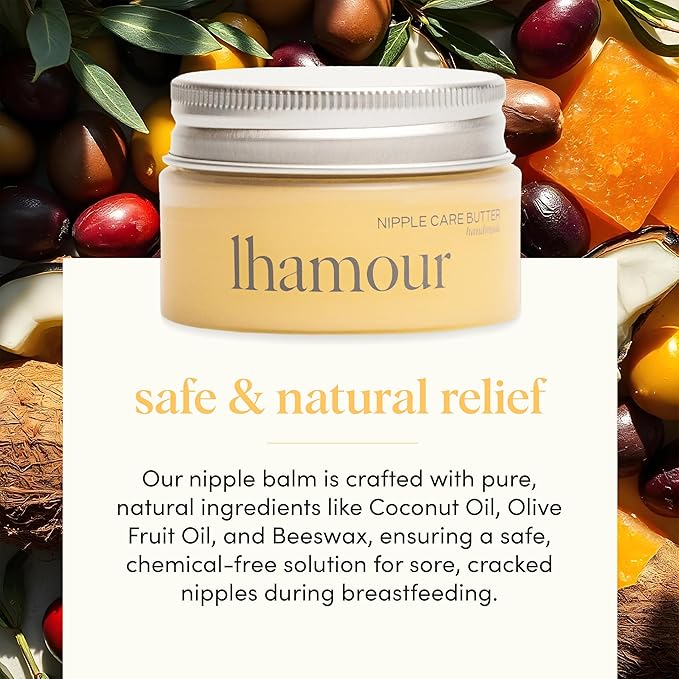 Lhamour Organic Nipple Cream Breastfeeding - Nipple Butter Balm with Coconut & Olive Oil, Beef Tallow, Beeswax, Soothing Nipple Butter Cream for Sore Cracked Nipples, Baby Safe Unscented Formula,1 oz