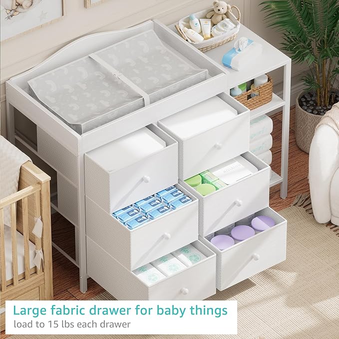BOLUO Baby Dresser with Changing Table Top, Black Changing Table Dresser with 6 Fabric Drawers Diaper Changing Station with Storage Shelf for Nursery Modern