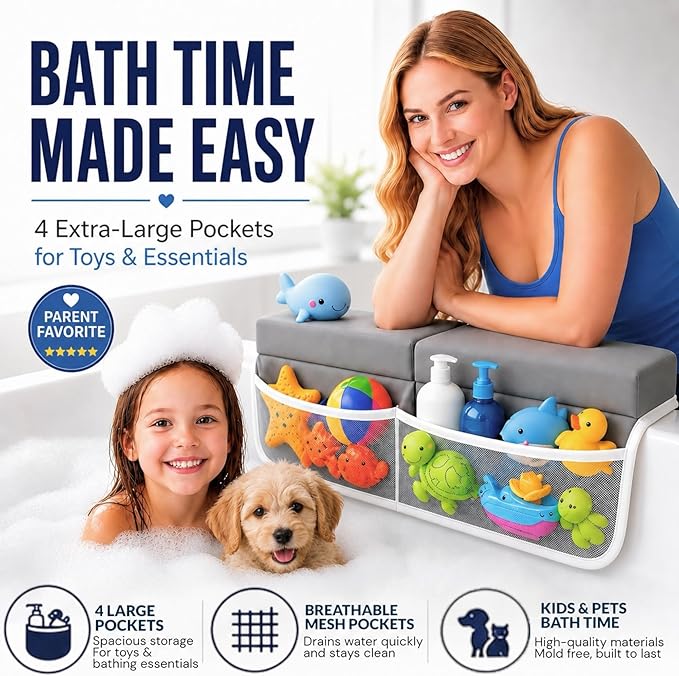 Comfortable Baby Bath Kneeler and Elbow Rest Pad Set, Non-Slip Bathtub Kneeling Pad for Bathing Baby, Bath Tub Cushion Mat, Elbow Pads, Toy Organizer Storage Pockets, Strong Suction Cups (Lua Gray)