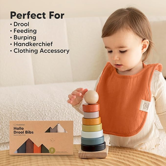 KeaBabies 8-Pack Bibs for Baby Girl, Boy - Pullover Large Baby Bibs for Drooling and Teething Infant, Newborn, Soft & Absorbent Organic Cotton, Long Torso Coverage Keep Toddler Clean & Dry (Brick)