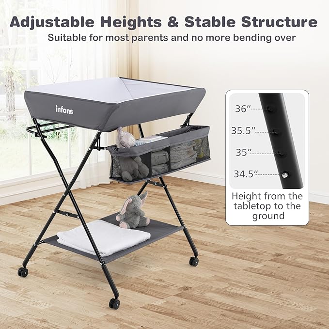 INFANS Baby Changing Table with Wheels, Portable Folding Diaper Station Nursery Organizer with Storage Basket, Hanging Rack, Adjustable Height, Safety Belt for Newborn Infant (Gray)