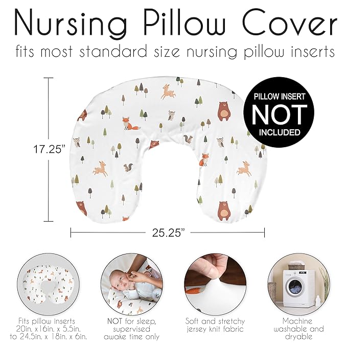 Sweet Jojo Designs Baby Nursing Pillow Cover (Woodland Animals) for Girls & Boys, Infant/Newborn Nursery, Bottle Breastfeeding Slipcover, Breast Feeding Pillowcase-Pillow NOT Included (Forest Friends)