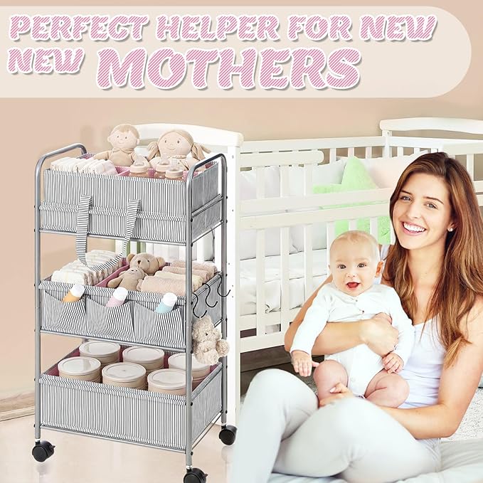 WILLBOND 2 in 1 Baby Diaper Caddy Organizer Cart, 3 Tier Large Stripe Bedside Rolling Cart Metal for Baby Essential with Divider for Newborn Registry Must Have Nursery Bedroom Mother Gift(Pink)