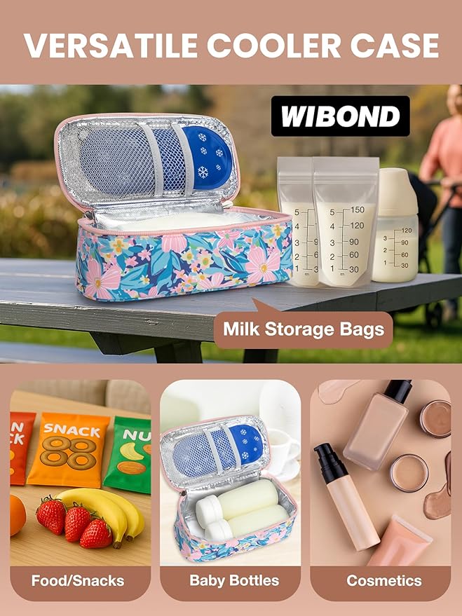 Breast Milk Cooler Travel Bag, Real-Time Temperature Display, Holds 4-6 Breastmilk Storage Bag with 2 Breast Milk Ice Pack, Cooling & Waterproof Portable Cooler for Moms on the Go (Pink Flower)