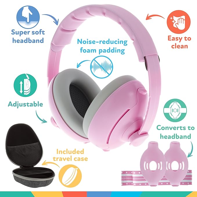Nuby Soft Sounds 2-in-1 Noise-Canceling Baby Earmuffs with Travel Case - Adjustable Noise Protection for Infants and Toddlers - Pink