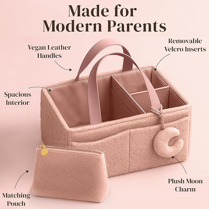 Orelle Bouclé Diaper Caddy Organizer with Matching Pouch & Moon Pendant | Teddy Portable Changing Table Organizer | Pink Diaper Caddy | Must-Have Baby Shower Gifts | Pink
