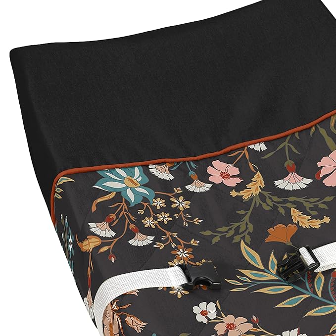 Sweet Jojo Designs Boho Wildflower Vintage Floral Girl Baby Changing Pad Cover Infant Newborn Diaper Table Change Mat Sheet Black Rust Orange Teal Bohemian Farmhouse Botanical Flower Cottagecore Indie