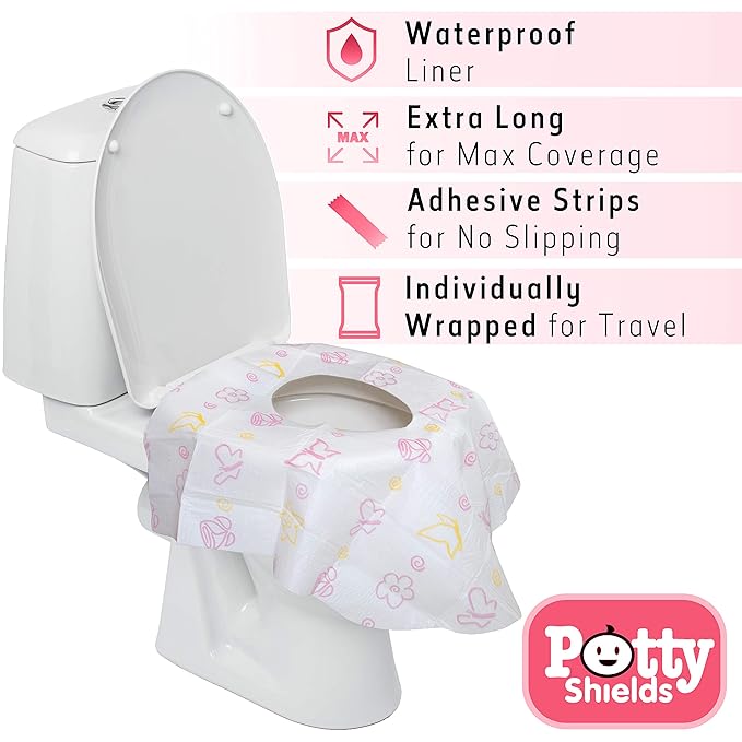 Potty Shields Toilet Seat Covers Disposable (40 Pack, Floral) - XL Waterproof Toilet Cover for Toddlers, Kids & Adults - Portable & Individually Wrapped for Travel, Potty Training & Public Restrooms
