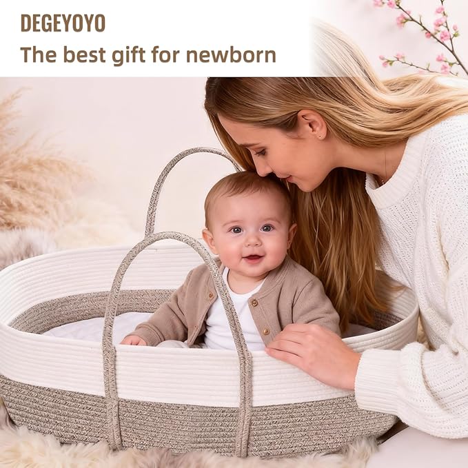 Changing Baskets Set,Moses Basket with Pad and Diaper Caddy,Set of 2 Baskets,Portable Cotton Rope Woven Basket,Replaceable Pad,Gifts for Newborn 28.7" x 15.7" x 7.8"（Brown）