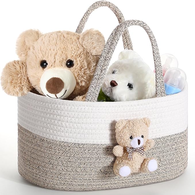 FoldTier Bear Diaper Caddy Organizer Cart Storage for Nursery with Handle, Bear Baby Shower Basket Gift Bath Caddy for Diapers and Baby Wipes, Basket for Nursery(Gray White)