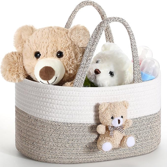 FoldTier Bear Diaper Caddy Organizer Cart Storage for Nursery with Handle, Bear Baby Shower Basket Gift Bath Caddy for Diapers and Baby Wipes, Basket for Nursery(Gray White)