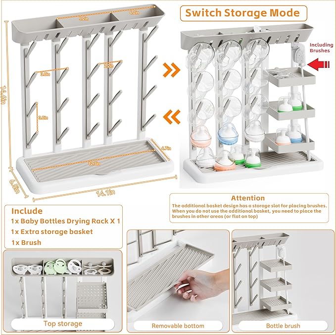 Yieach Larger Baby Bottles Drying Rack for 20 Bottles,Space Saving Feeding Drying Rack for Baby Bottles for Countertop,Vertical Baby Bottle Holder & Storage Station for Pacifiers,Breast Pump,Grey