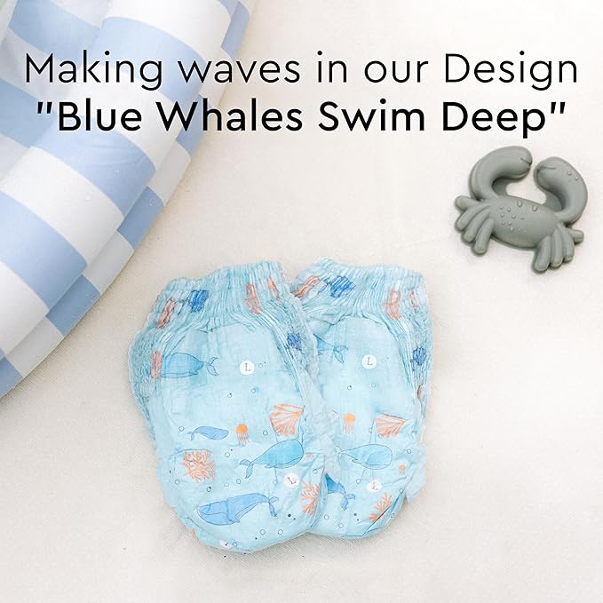 LILLYDOO Baby Swim Diapers - Size Medium (20-33 lbs), Half-Monthly Supply (36 Count), Blue Whales Design, Skin-Friendly, Perfume- & Chlorine-Free, Hypoallergenic, Dermatologist Tested, Oeko-TEX®