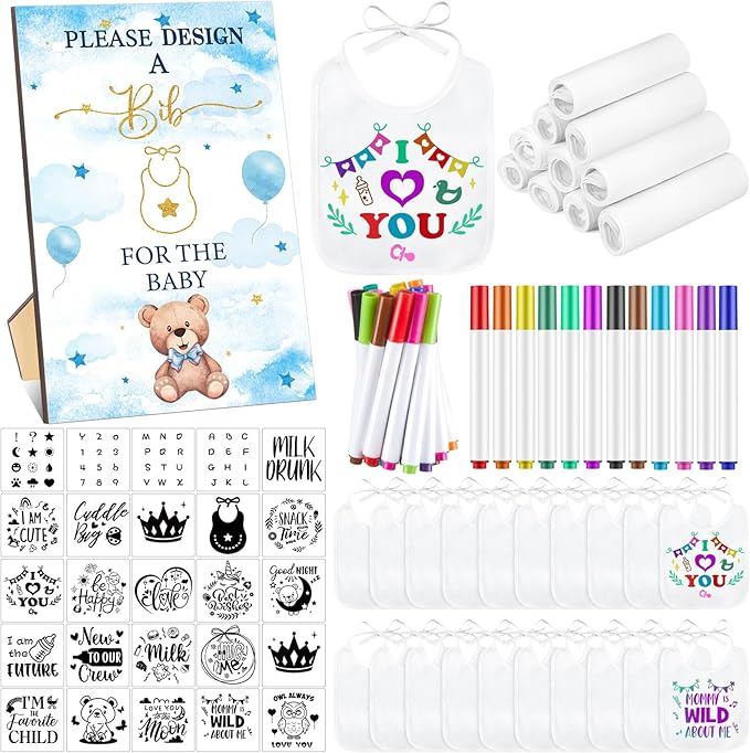 Panitay 100 Pcs DIY Baby Bibs Decorating Kit 50 White Bibs 25 Stencils 24 Markers 1 Baby Shower Game Sign