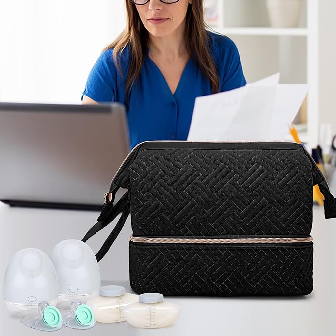 Fasrom Wearable Breast Pump Bag Compatible with Momcozy, Medela and Elvie Pumps, Double Layer Pump Carrying Case with Waterproof Mat and Insulated Pockets for Working Moms, Black (Bag Only)
