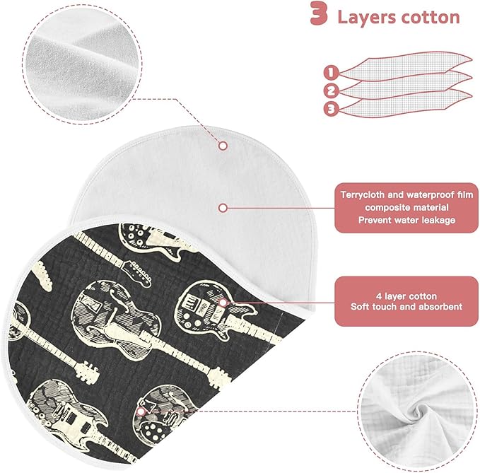 Black Guitar Music Burp Cloths Baby Boys Girls Absorbent Soft Cotton Burping Cloths Rags 1 Pack