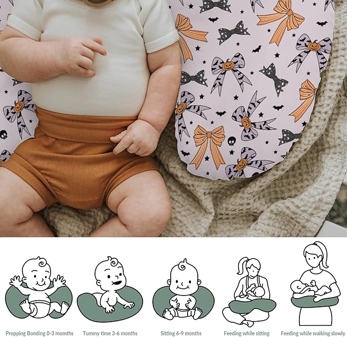 Halloween Bows Baby Nursing Pillow Covers for Boy Girl Spooky Bows Bats Pumpkins Skulls Nursing Slipcovers for Breastfeeding Pillows Orange Purple Ribbons Soft Stretchy Removable Covers for Infant