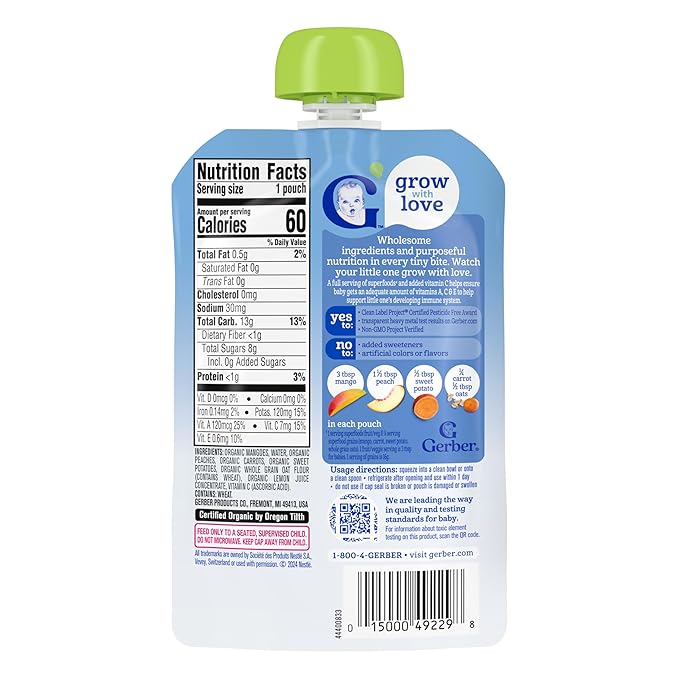 Gerber Organic Baby Food Pouches, Toddler, WonderFoods, Mango Peach Carrot Sweet Potato & Oatmeal, 3.5 Ounce (Pack of 12)