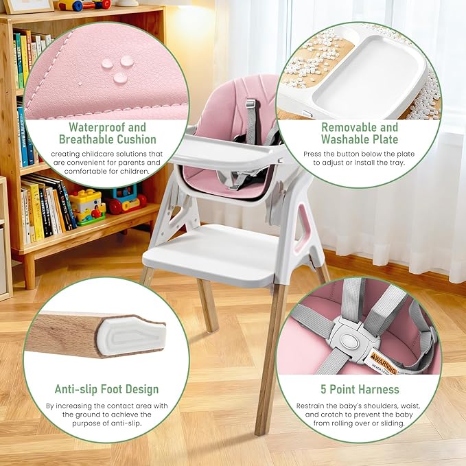Baby High Chair, Babies and Toddlers Convertible Slim High Chair with 6 Growing Stages from Infant to Toddler Seating with Removable Tray, Easy to Clean,Pink Cushion