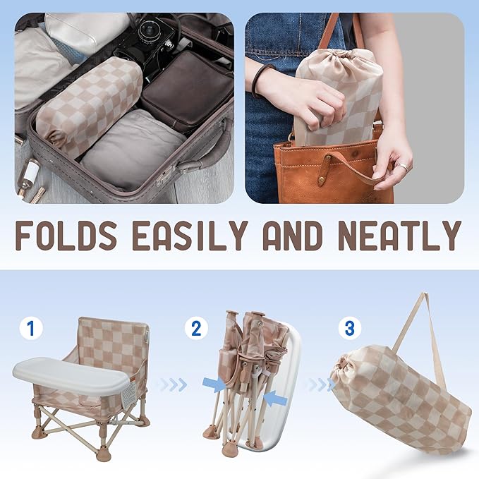 Tiny Marvels 3-in-1 Portable Baby Chair, Foldable Booster Seat with Removable Tray, Safety Harness & Carry Bag for Dining, Travel, Camping, Beach, 6M-3Y (Sand Checker)