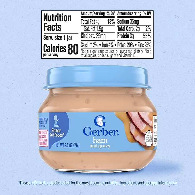 Gerber Stage 2 Baby Food, Ham and Gravy Jar, Baby Food Puree, Baby Mealtime, Baby Puree Jars Glass