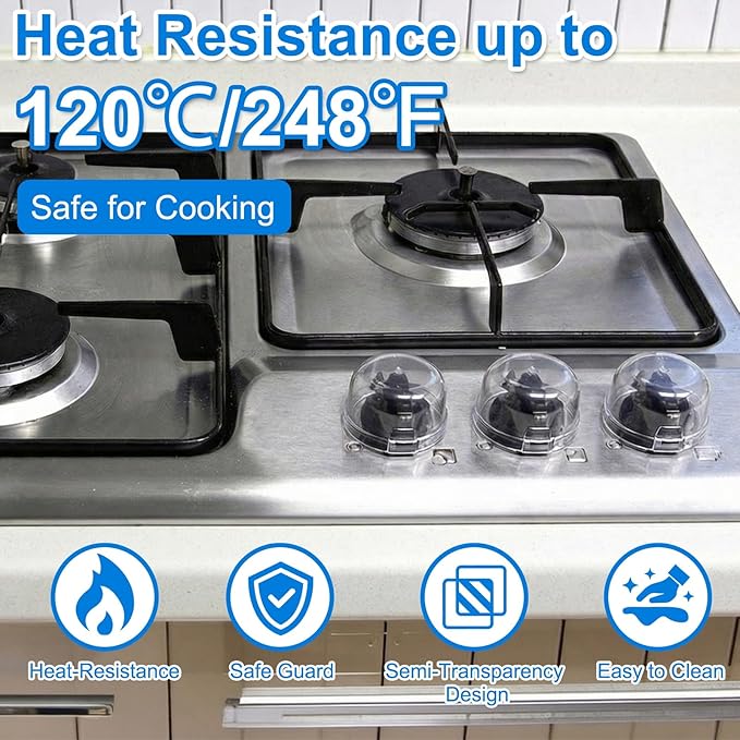 Stove Knob Covers for Child Safety – 5-Pack Heat-Resistant Oven Lock Knob Protectors with Heat Alert Stickers, Baby and Pets Proofing Stove Knob Guards for Gas & Electric Stoves(Clear-1)
