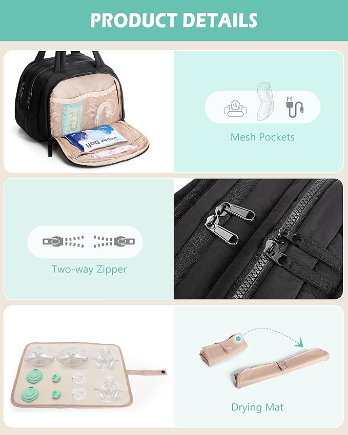 Wearable Breast Pump Bag Compatible with Momcozy and Eufy, Portable Pumping Bag with Cooler Compartment, Breast Pump Carrying Case with Drying Mat for Work, Travel and Family Use, Black
