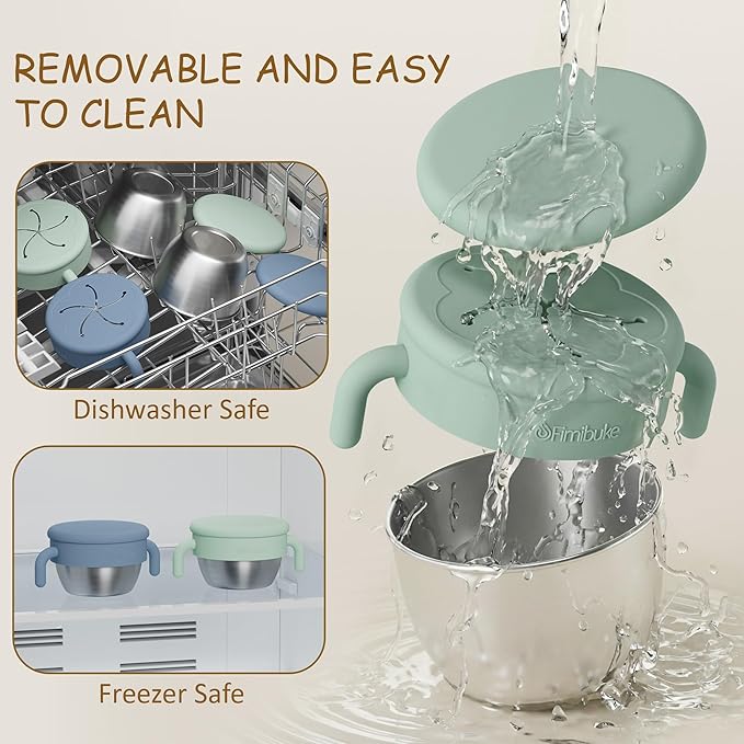 Fimibuke Snack Containers for Toddlers Kids, 12 OZ Spill Proof Stainless Steel Baby Snack Cups with Removable Silicone Food Catcher, Handles & Travel Lid BPA-Free Dishwasher Safe Food Container 2 Pack