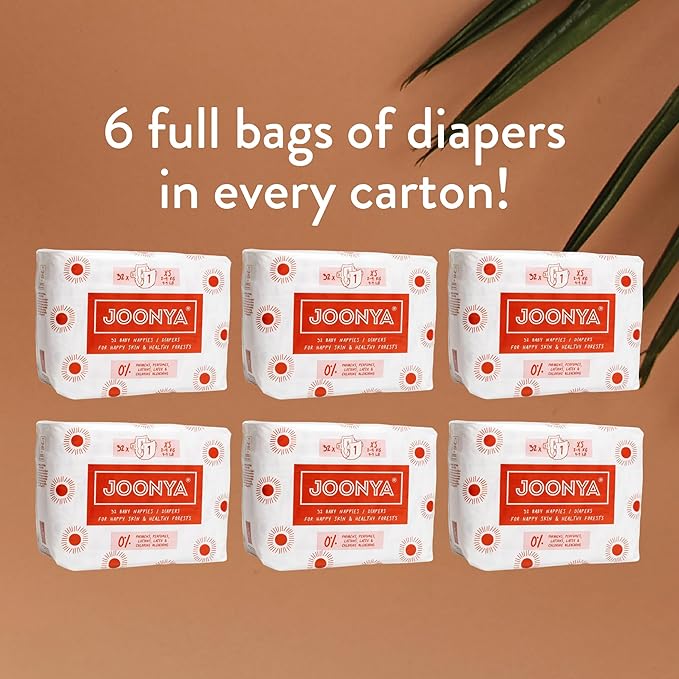 Joonya Baby Diapers, Size 1 XS (4-9 lb) - 6 Bags of 32 (192) - Non Toxic, Eco-Friendly, High Absorbency, Overnight Use, Ultra Slim & Soft - Made in Denmark
