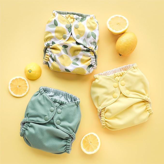Esembly Cloth Diaper Cover - Reusable Swim Diaper, Waterproof, Breathable - Adjustable Outer Layer Over Absorbent Inner for Blowout Protection - Lemons, Size 2 (18-35lbs)