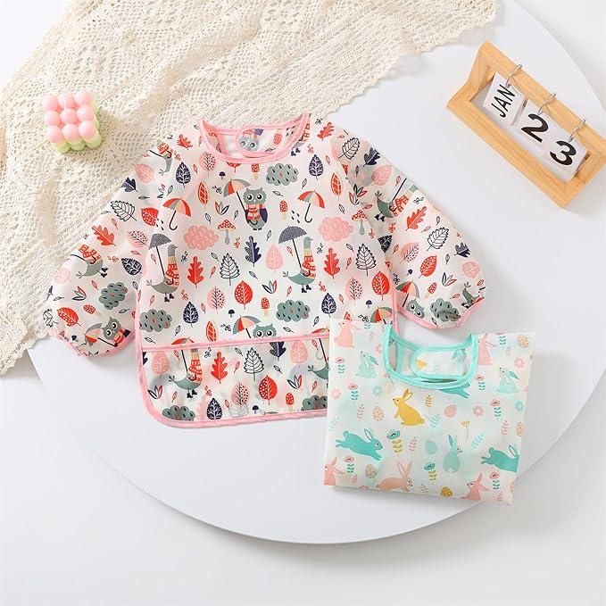 3 Pcs Waterproof Long Sleeves Baby Bibs Weaning Smock Bib 3-24 Months