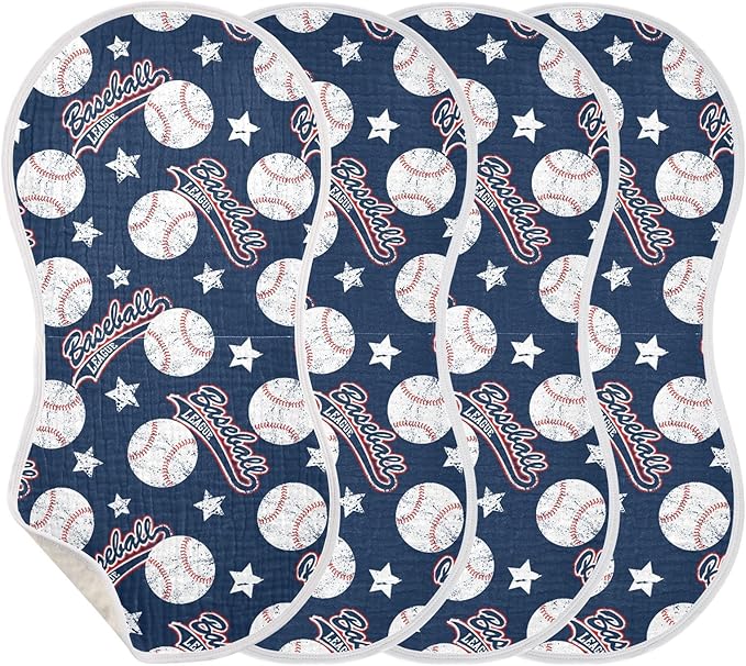 Muslin Burp Cloths for Baby Boys and Girls - 4-Pack Ultra Absorbent Baseball Muslin Washcloths, Newborn Towel, Milk Spit Up Rags, Burp Cloth Bib for Unisex, 22 x 11 Inch