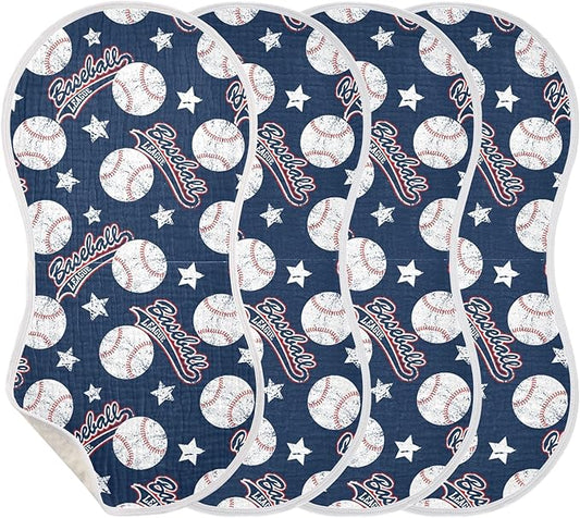 Muslin Burp Cloths for Baby Boys and Girls - 4-Pack Ultra Absorbent Baseball Muslin Washcloths, Newborn Towel, Milk Spit Up Rags, Burp Cloth Bib for Unisex, 22 x 11 Inch