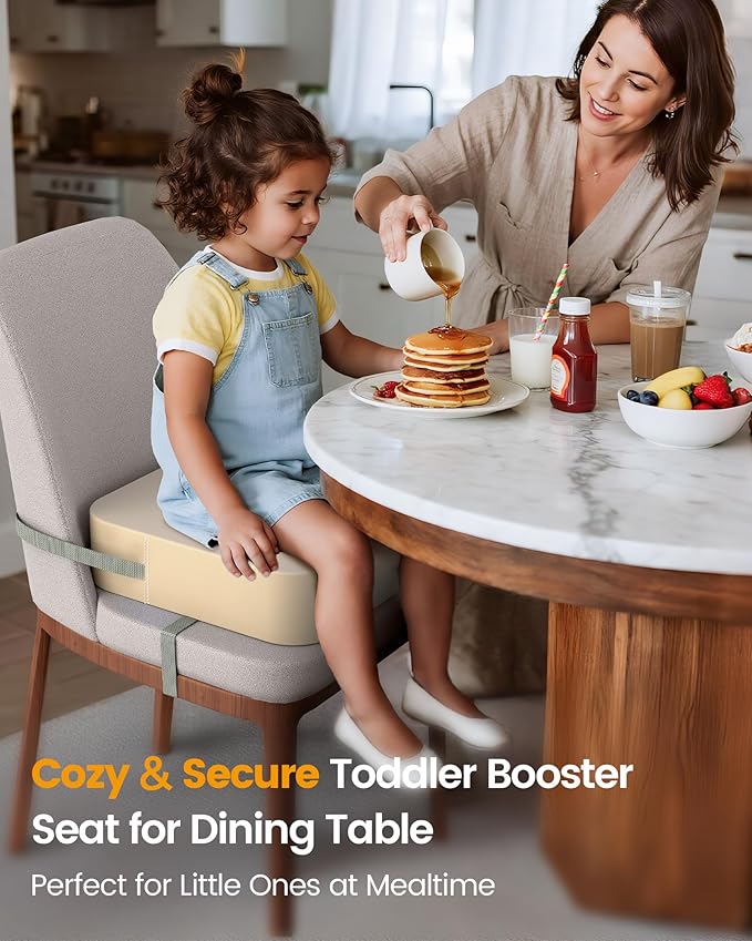 Toddler Booster Seat for Dining Table and Kitchen Chair – Adjustable Safety Straps, PU Leather, Non-Slip, Easy to Clean, Portable Travel Foam Booster Cushion for Kids & Toddlers (Light Yellow)