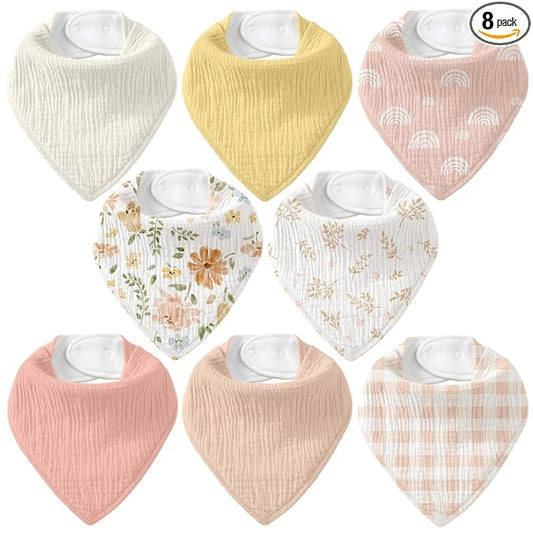 Muslin Baby Bibs 8 Pack, Baby Bandana Drool Bib for Drooling and Teething, Cotton Soft Absorbent for Girls Boys Serenity