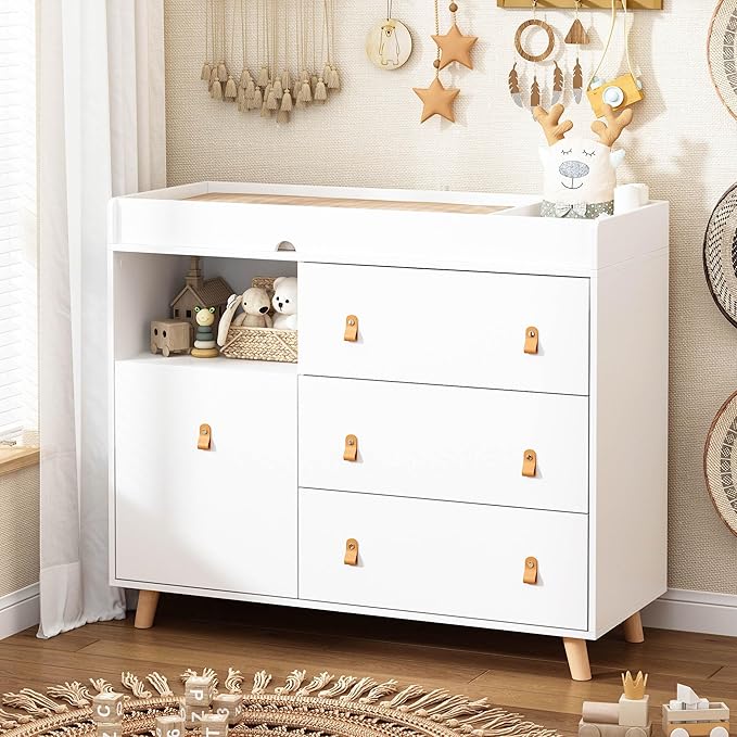 Timechee Baby Dresser Changing Table with Drawers,Shelf,Hidden Laundry Basket Storage,2 in 1 Nursery Dresser Chest for Infants, Baby Diaper Changing Station for Daycare,Bedroom,White