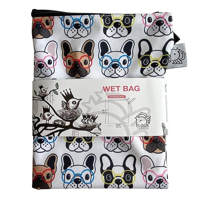 FLOCK THREE Washable and Reusable Wet Bag Diaper Bag Water Resistant Swimming Bag Travel Toiletries Pouch Pugs Dog Print Zippered 12.6'' x 16.5''