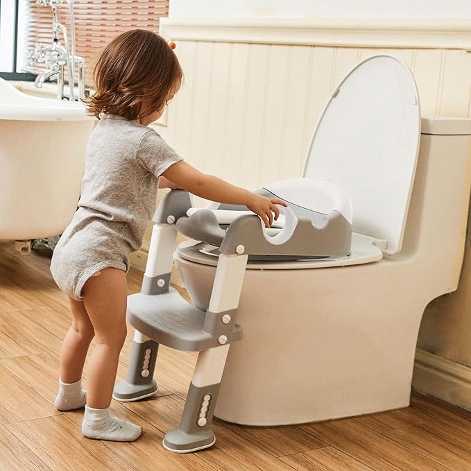 Potty Training Seat with Step Stool Ladder for Kids and Toddler,Wiifo Sturdy Potty Ladder with Soft Padded Cushion for Boys and Girls,Toddler Toilet Training Seat Chair(Grey White)